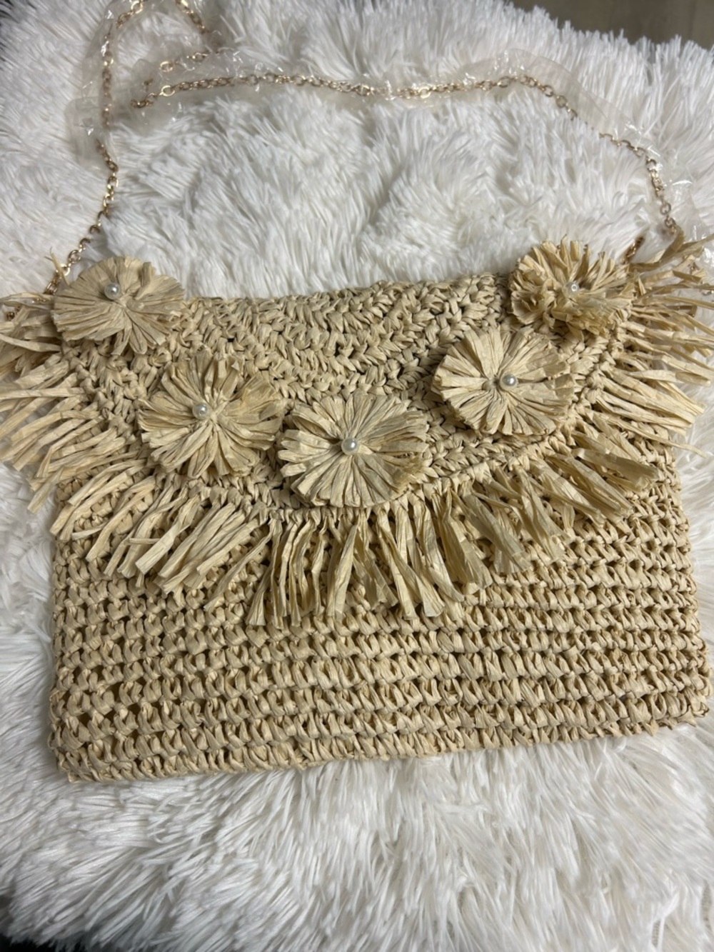 Raffia Floral Pearl Clutch in Natural Tan w/crossbody gold tone chain NWT